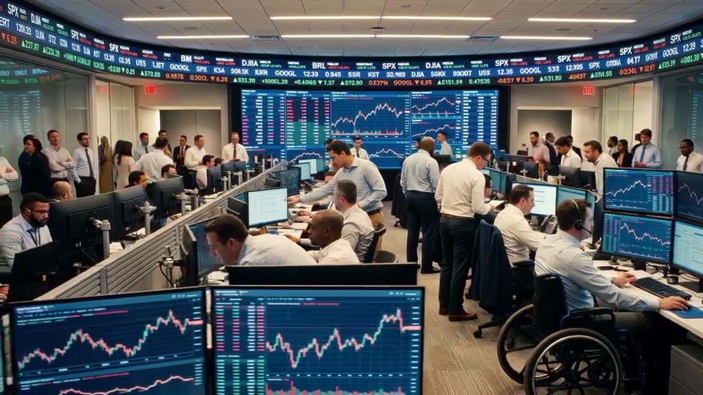 Professional Live Trading Room with Multiple Screens and Traders